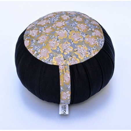 Zafu standard kapok Fleurs d'or, gris, tissu japonais