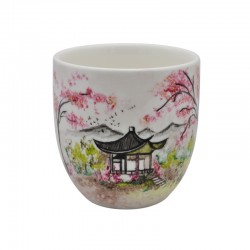 Tasse « la pagode et les cerisiers en fleur » Séverine Soulat artiste-peintre sur porcelaine